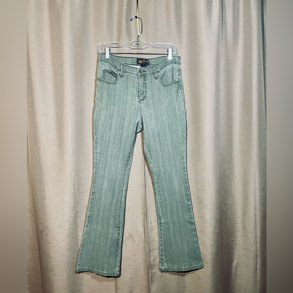 Women’s 10 Route 66 Vintage-Style Flare Hickory Stripe Gray Mid-Rise Jeans GUC
